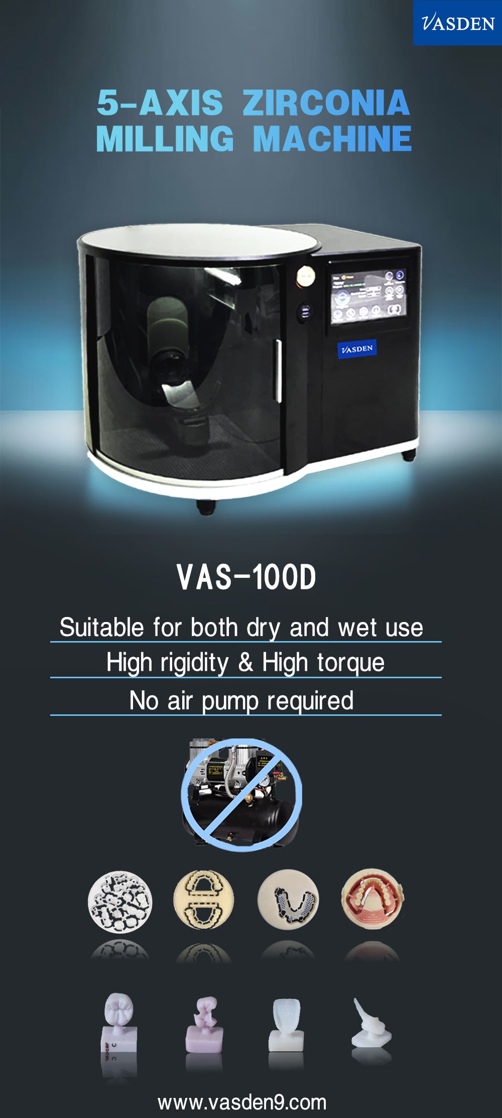 VAS-100D 5-Axis Zirconia Milling Machine Dry and Wet Ues Dental Equipment No Air Pump Required