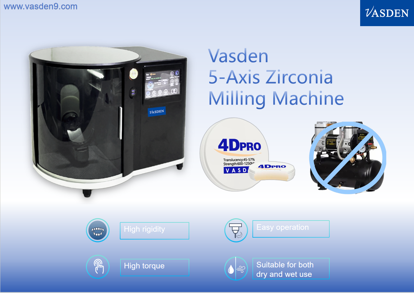 VAS-100D 5-Axis Zirconia Milling Machine Dry and Wet Ues Dental Equipment No Air Pump Required