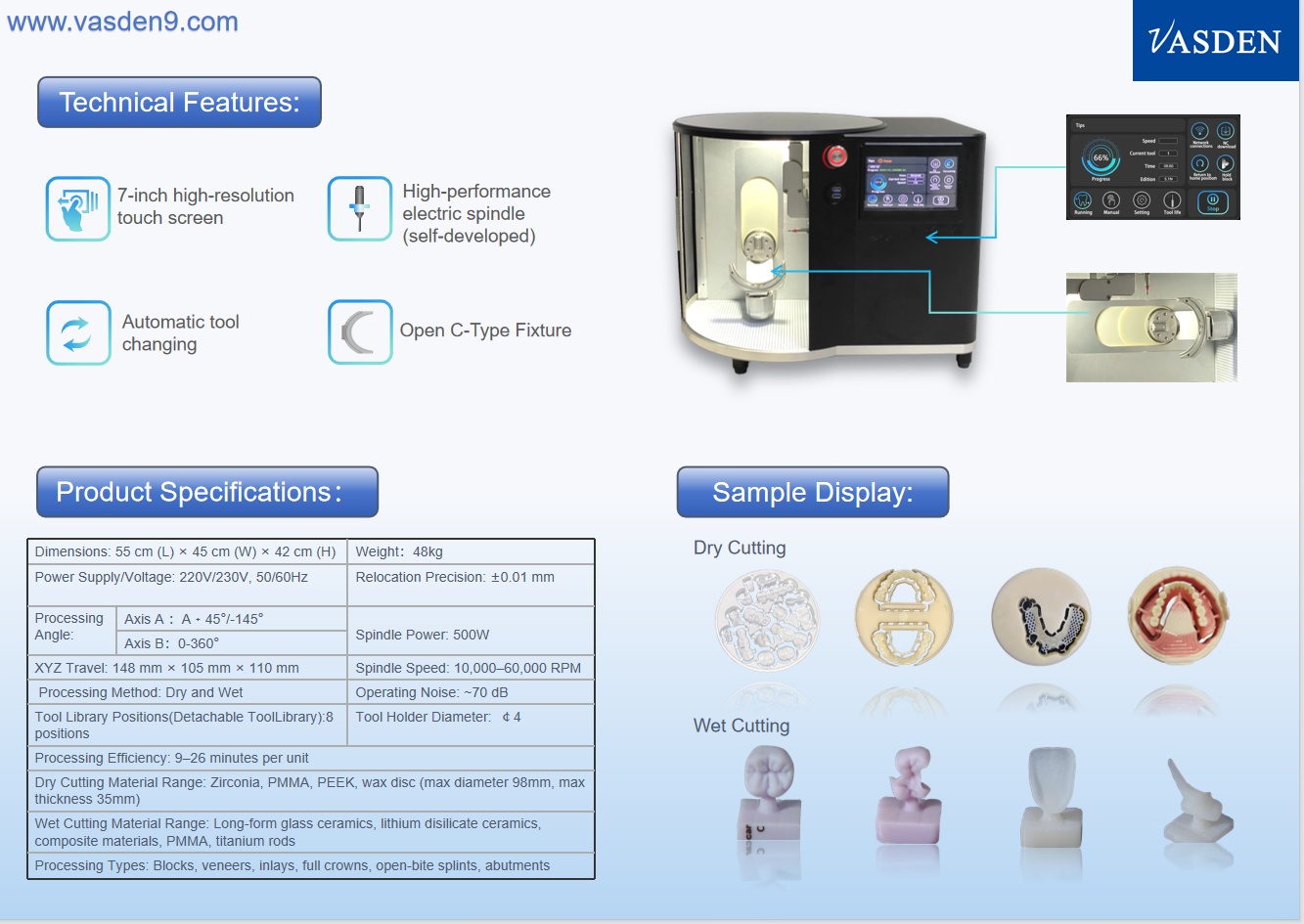 VAS-100D 5-Axis Zirconia Milling Machine Dry and Wet Ues Dental Equipment No Air Pump Required